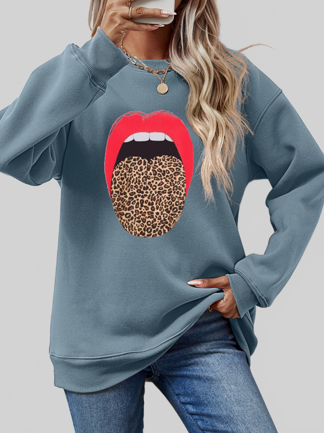 Women Leopard Lip Graphic Round Neck Sweatshirt NicholesGifts