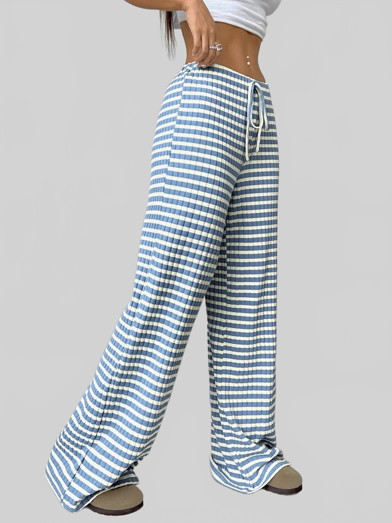 Women Striped Wide Leg Drawstring Pants nicholesgifts