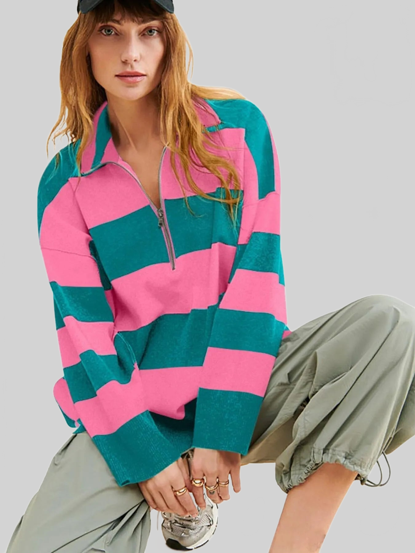 Women Striped Half-Zip Oversized Sweatshirt nicholesgifts