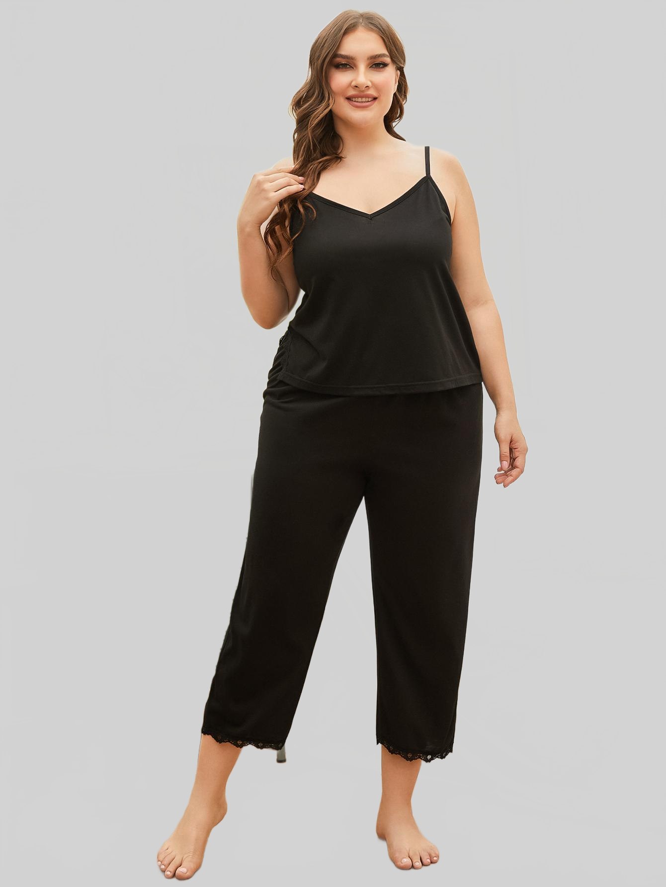 Plus Size Lace Trim Slit Cami and Pants Pajama Set nicholesgifts