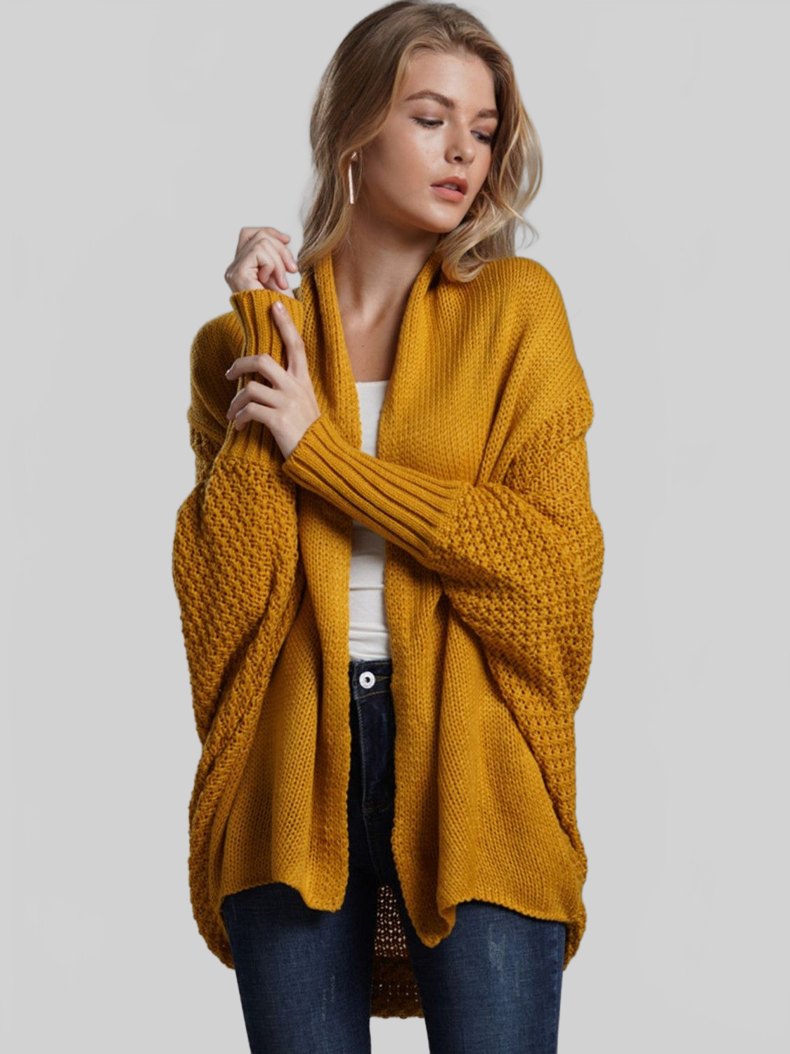 Dolman Sleeve Open Front Ribbed Trim Longline Cardigan nicholesgifts