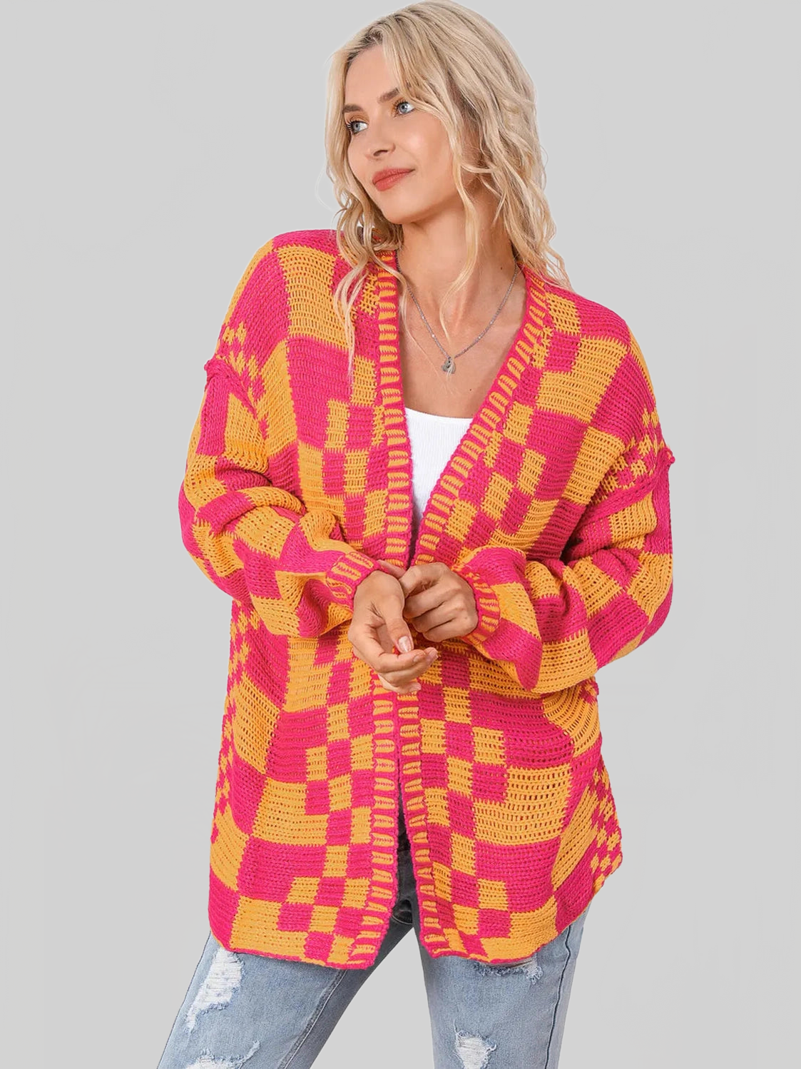 Women Contrast Exposed Seam Open Front Cardigan nicholesgifts