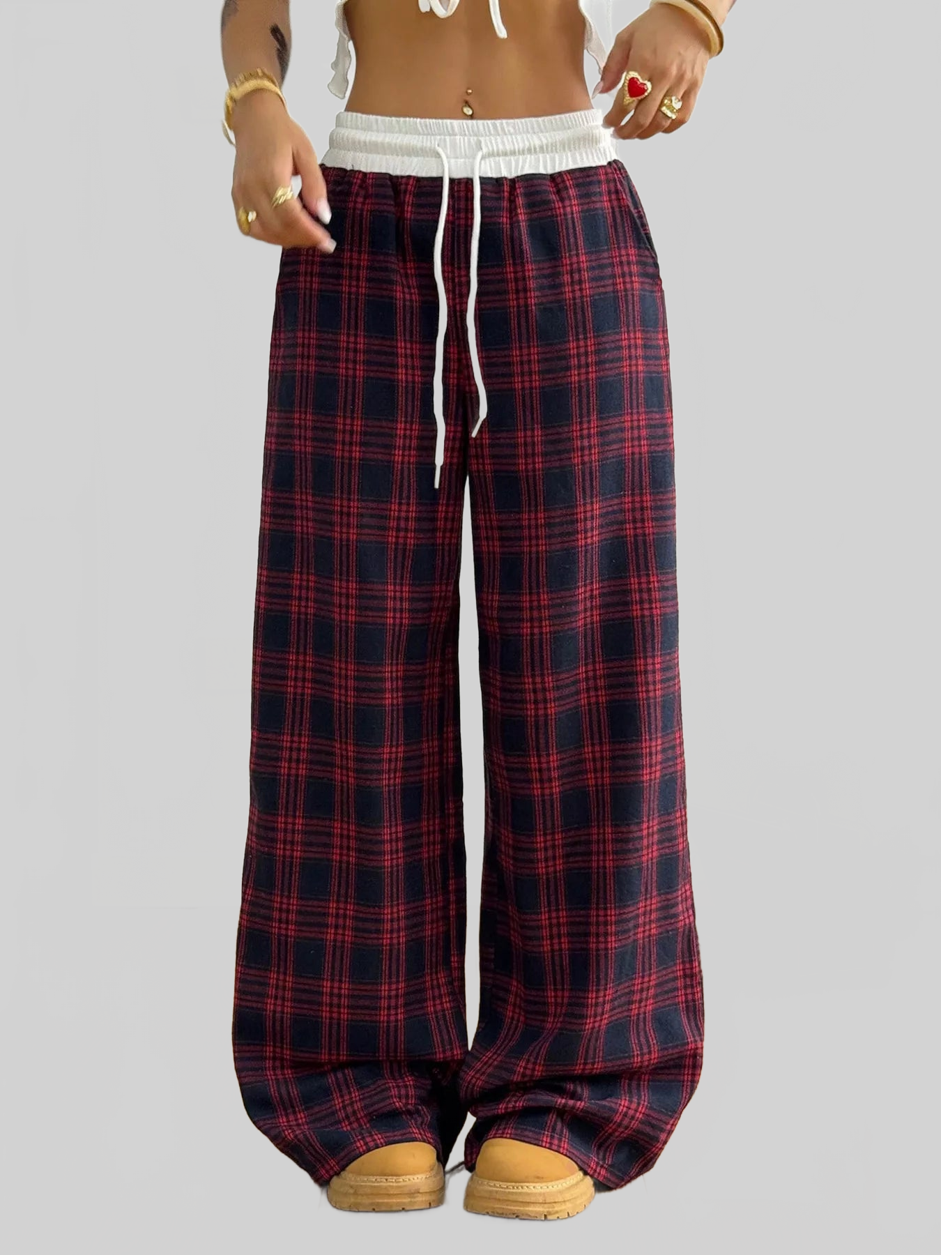 Women Plaid Wide-Leg Pants with Elastic Waistband nicholesgifts