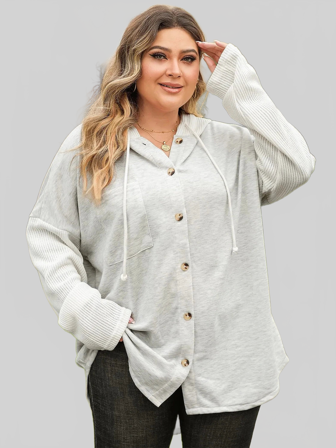Plus Size Button Up Drawstring Long Sleeve Hoodie NicholesGifts