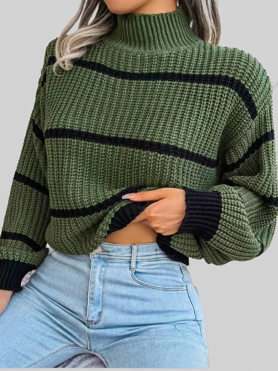 Striped Mock Neck Dropped Shoulder Sweater NicholesGifts
