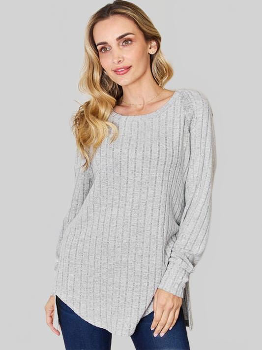 Women Basic Full Size Ribbed Round Neck Slit T-Shirt NicholesGifts