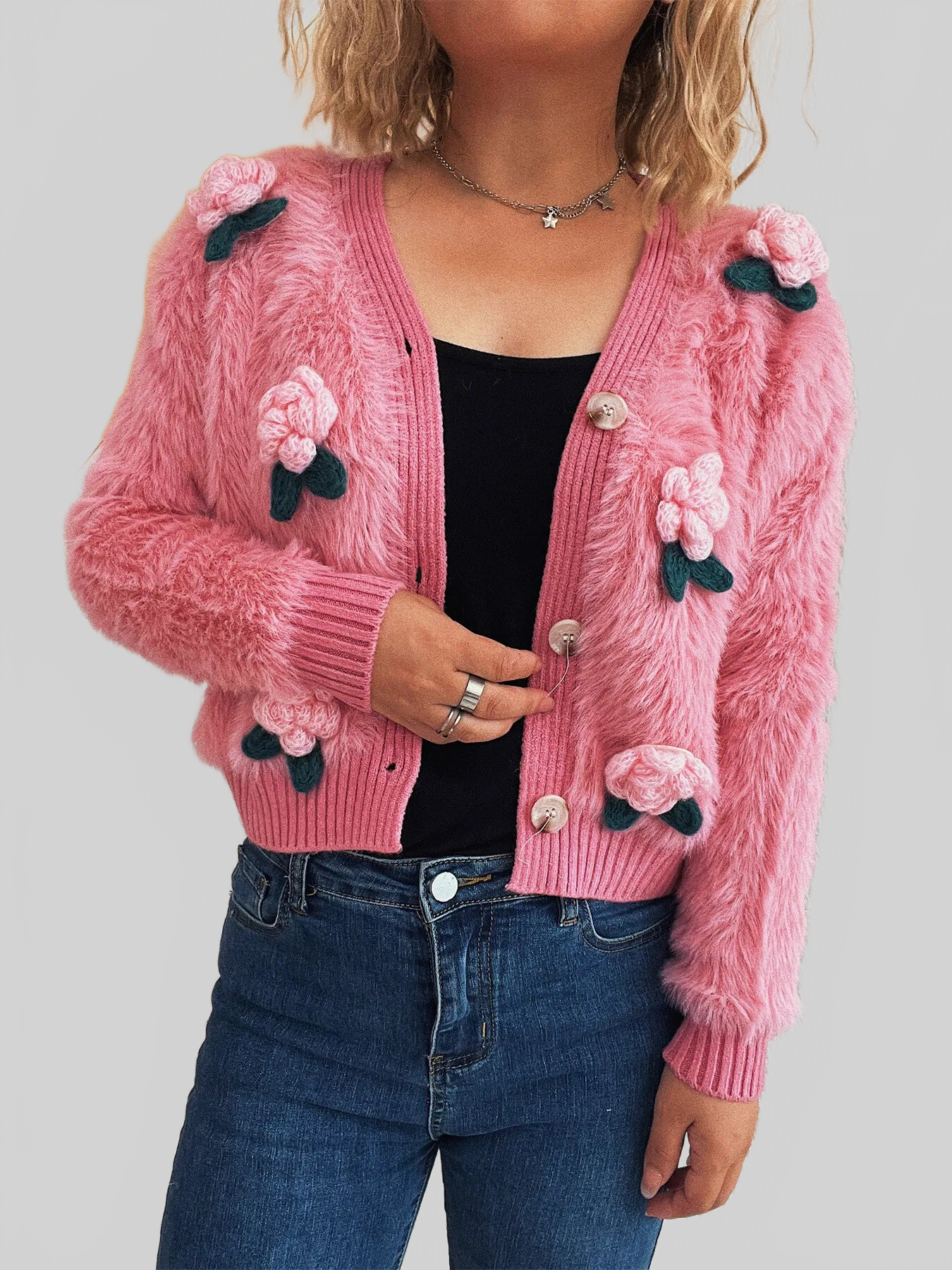 Women Flower Fuzzy Button-Up Cardigan nicholesgifts