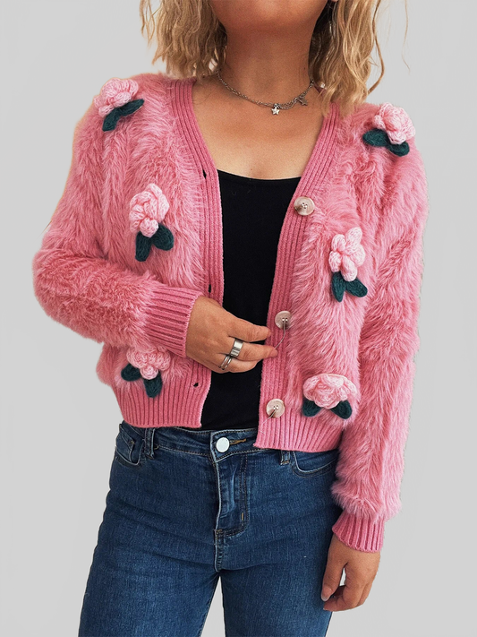 Women Flower Fuzzy Button-Up Cardigan nicholesgifts