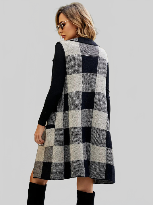 Women Plaid Open Front Sleeveless Cardigan with Pockets nicholesgifts