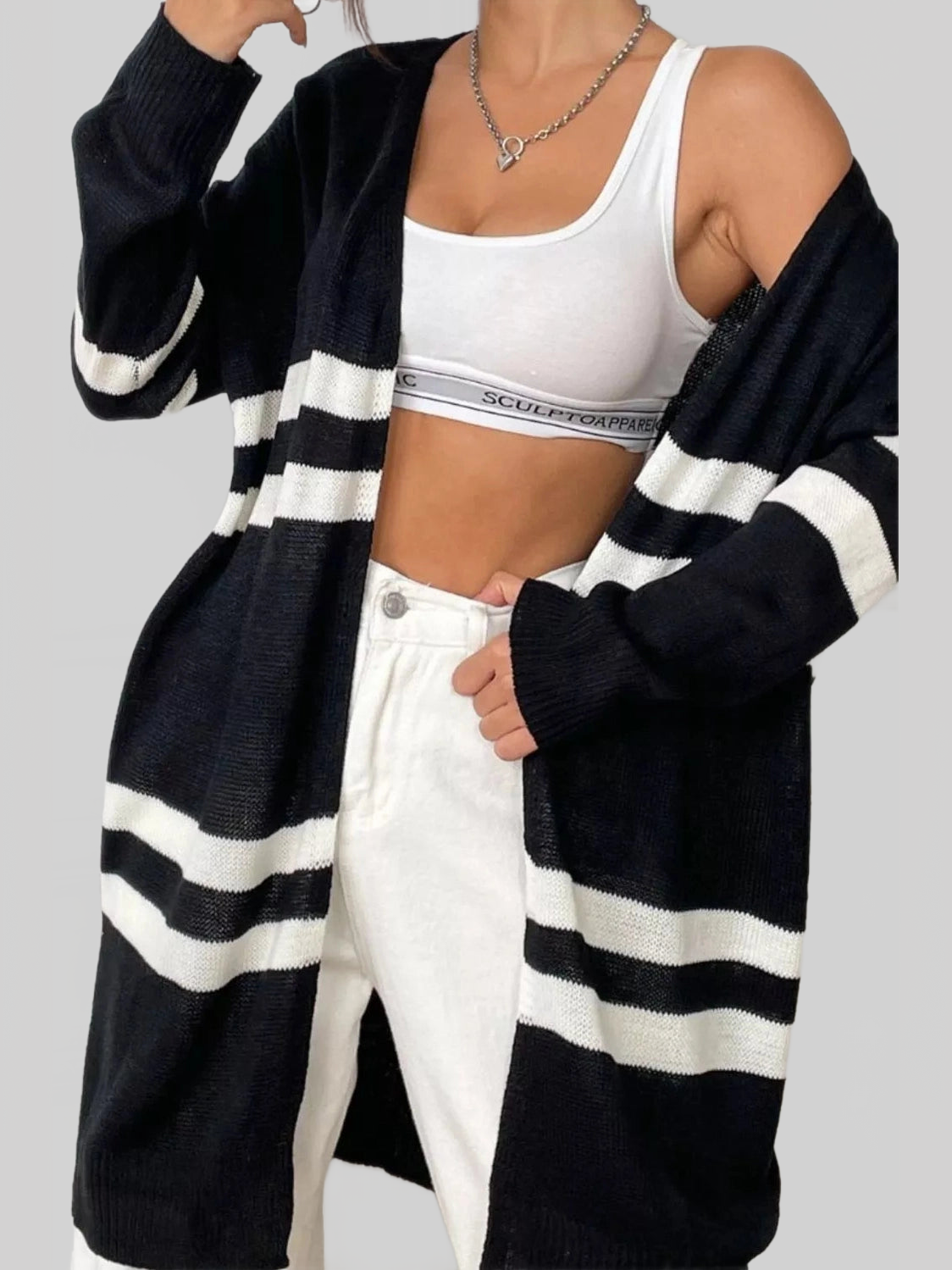 Striped Open Front Dropped Shoulder Cardigan nicholesgifts