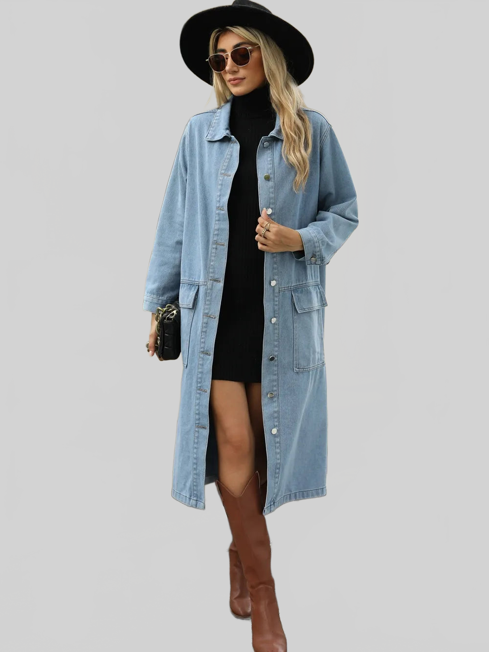 Pocketed Button Down Collared Neck Denim Jacket nicholesgifts