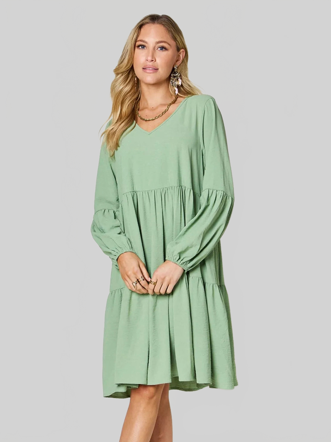 Double Take Full Size V-Neck Balloon Sleeve Tiered Dress with Pockets nicholesgifts
