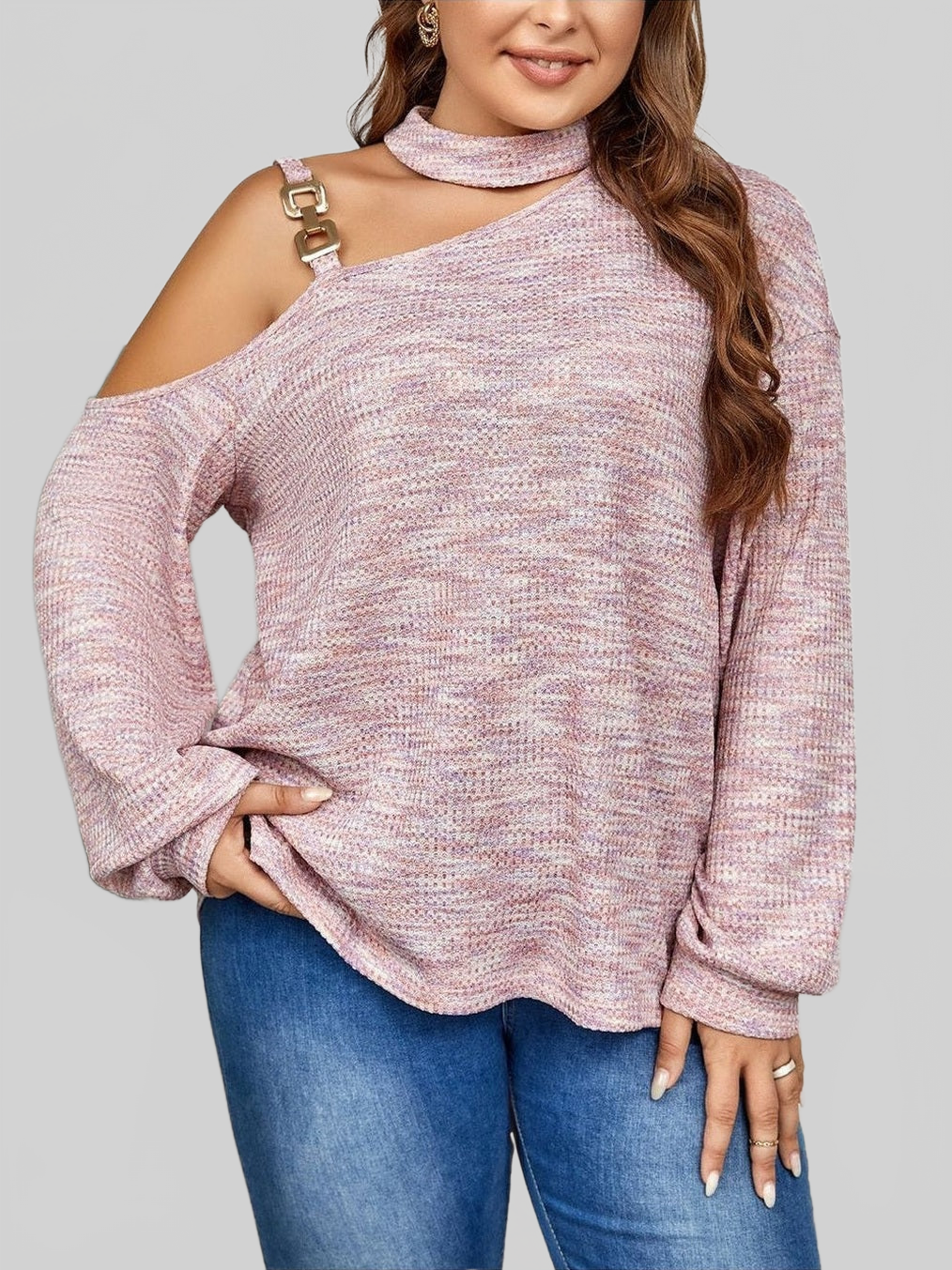 Plus Size Women Mock Neck Cutout Shoulder Long Sleeve Blouse NicholesGifts