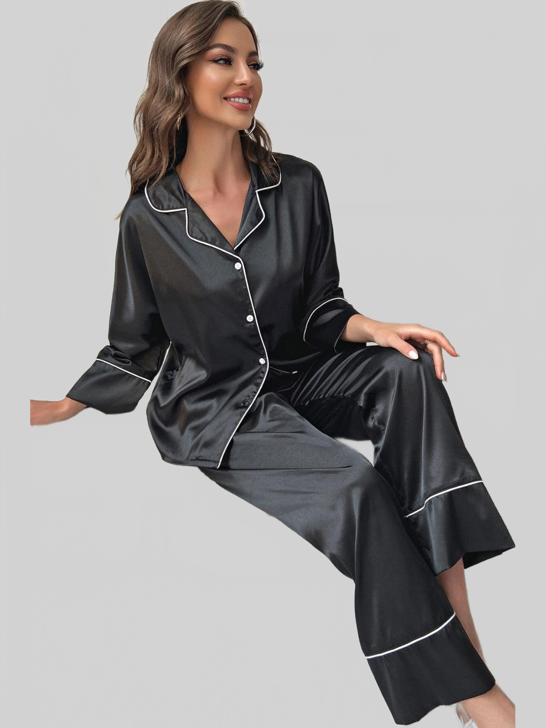 Contrast Piping Button-Up Top and Pants Pajama Set nicholesgifts