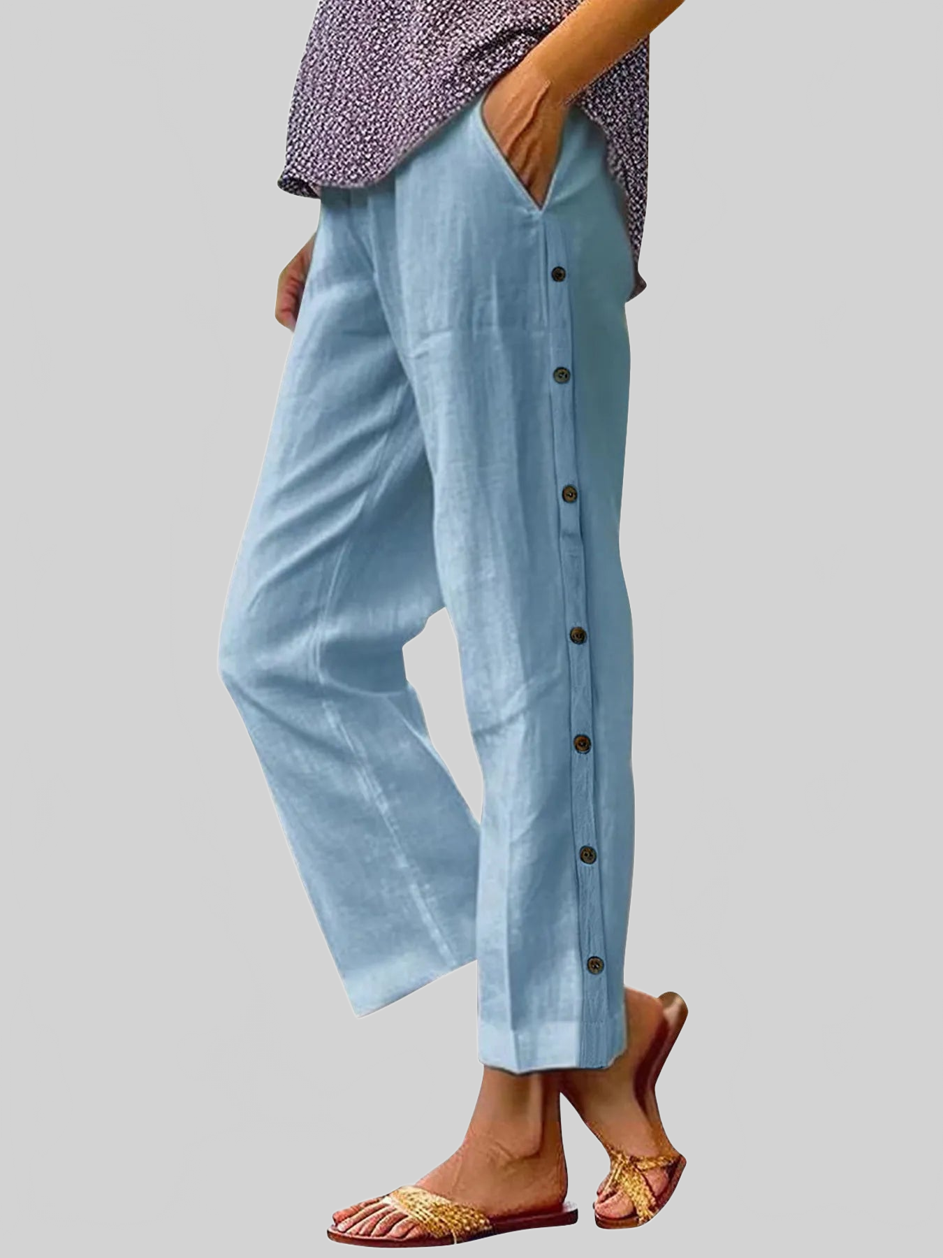 Women Full Size Side Decor Button Casual Wide Leg Pants Plus Size nicholesgifts