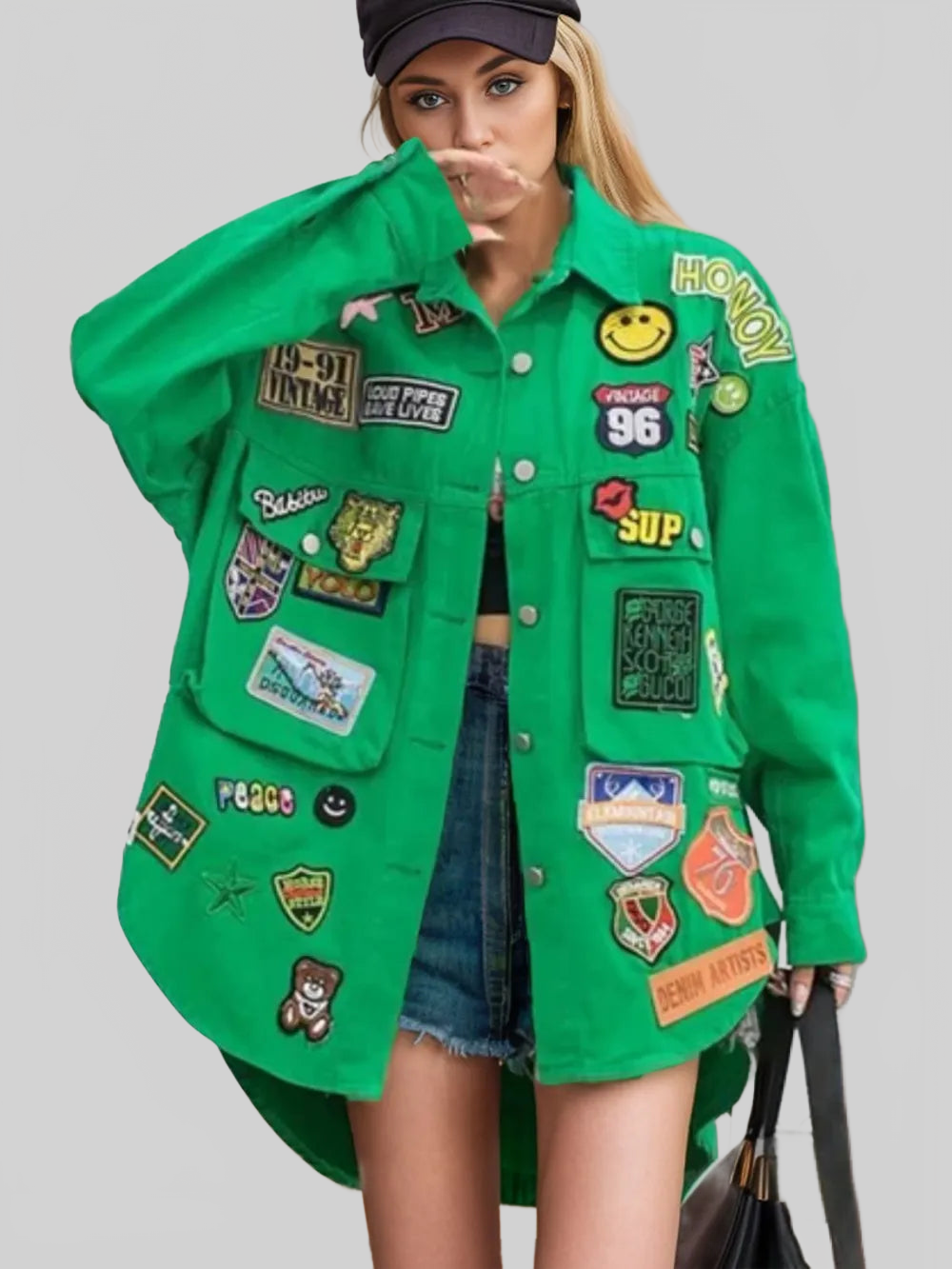 Embroidered Patch Button Up Long Sleeve Denim Jacket nicholesgifts