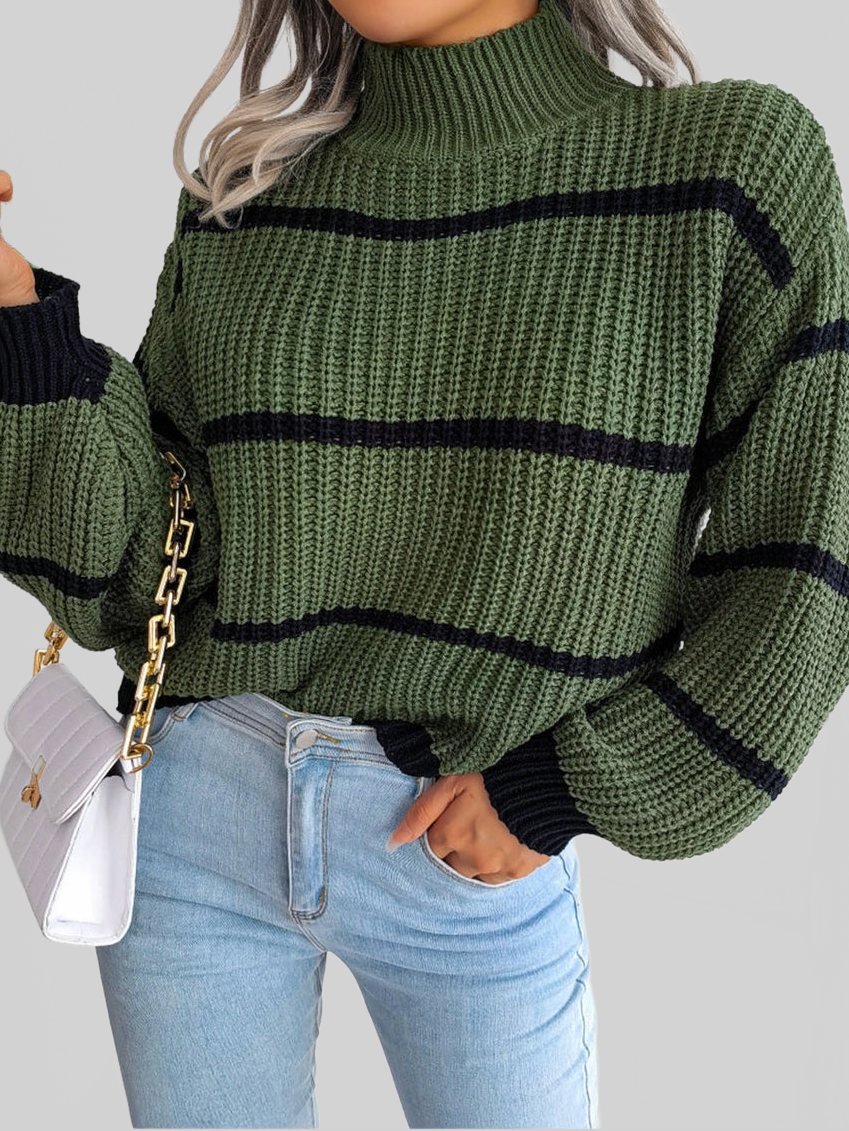 Striped Mock Neck Dropped Shoulder Sweater NicholesGifts