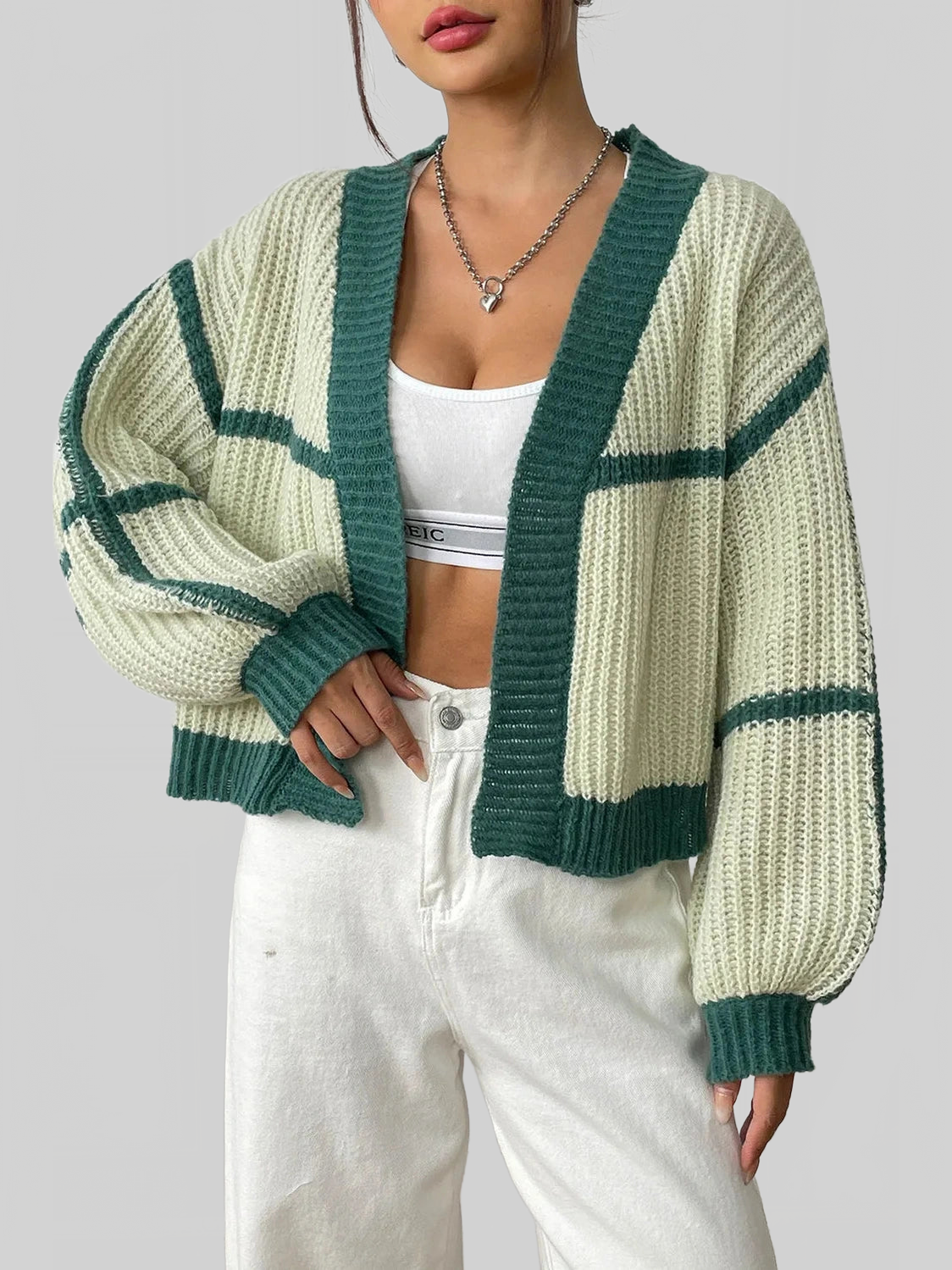 Women Contrast Open Front Long Sleeve Cardigan nicholesgifts
