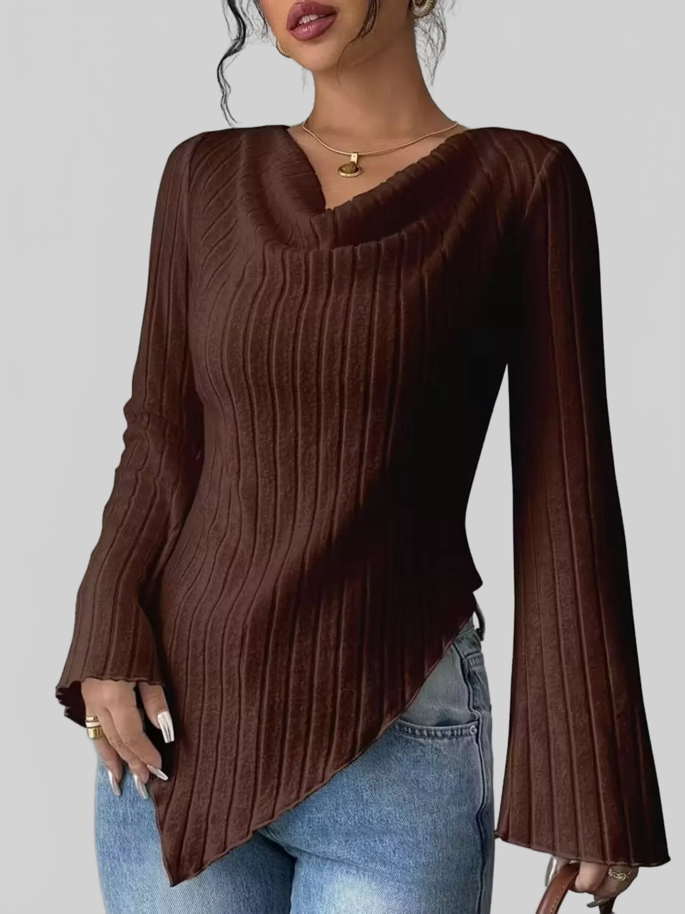 Cowl Neck Ribbed Knit T-Shirt nicholesgifts