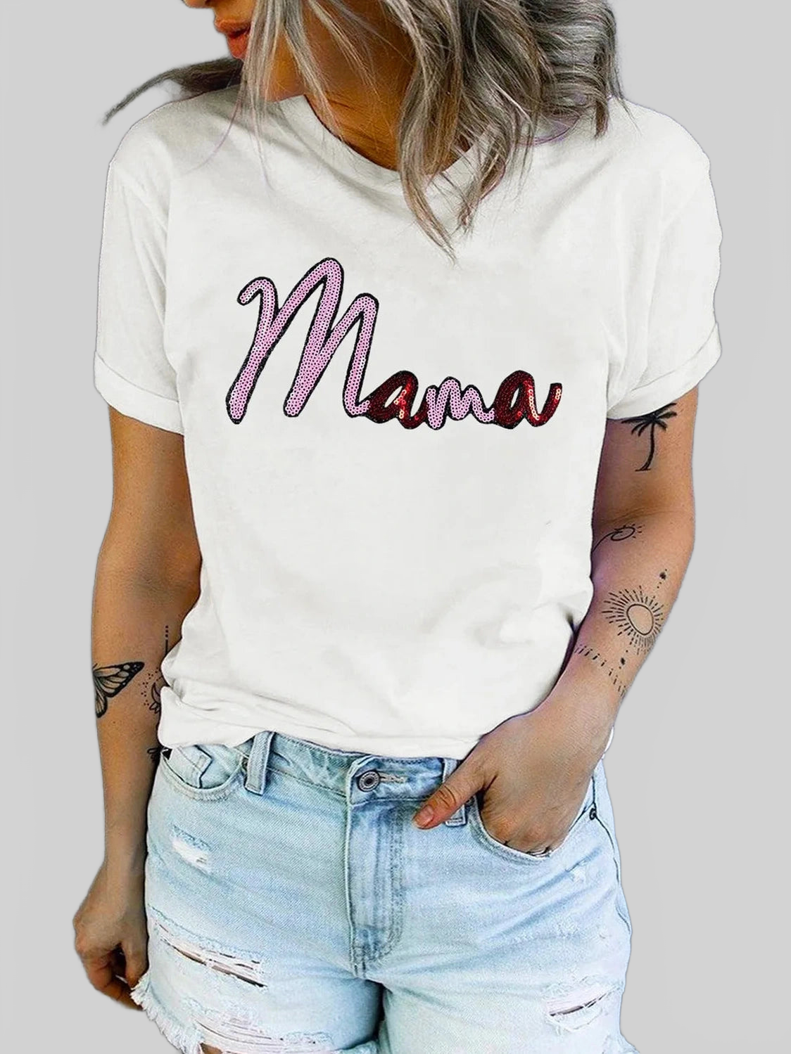 MAMA Sequin Round Neck Short Sleeve T-Shirt nicholesgifts