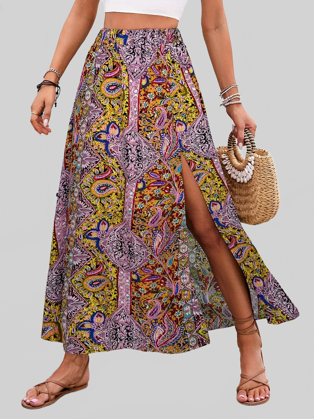 Slit Printed Elastic Waist Skirt nicholesgifts