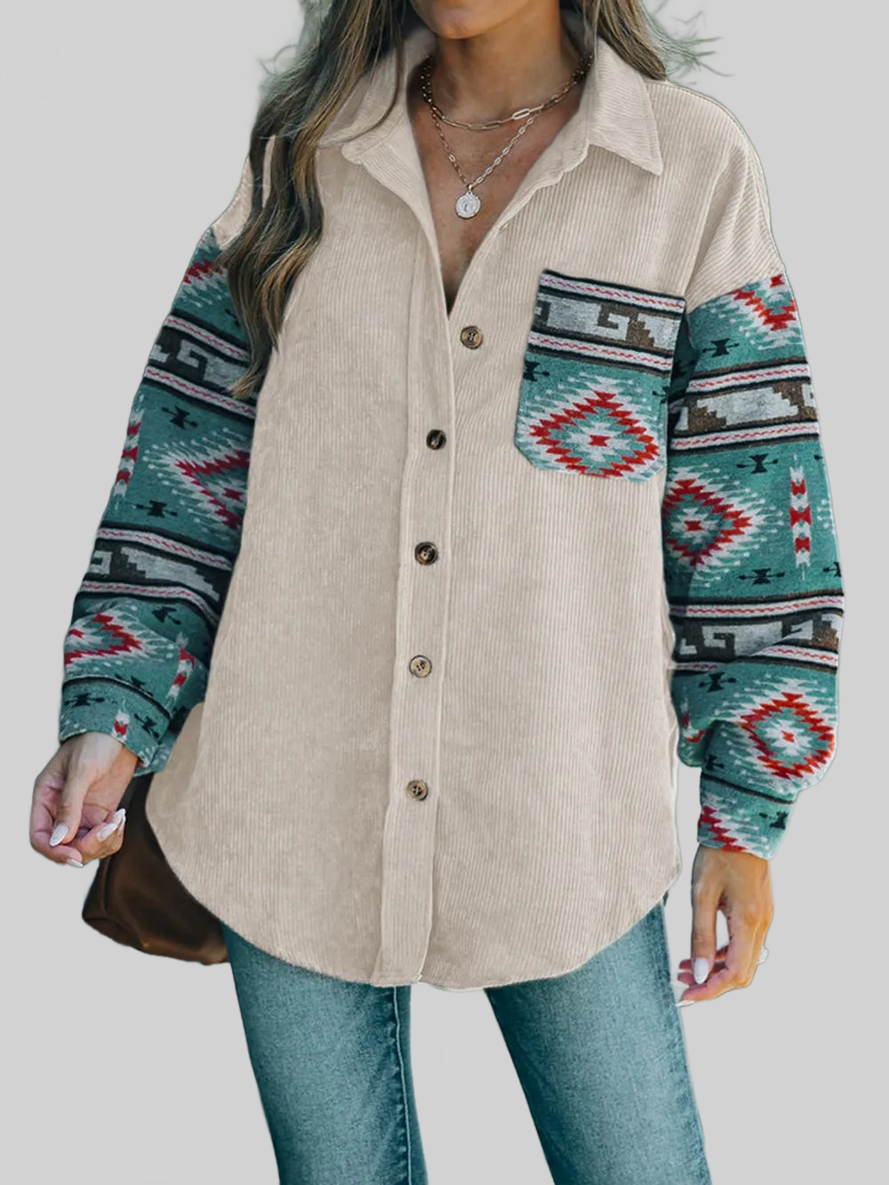 Perfee Pocketed Geometric Collared Neck Shacket nicholesgifts