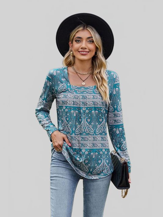 Women Printed Square Neck Long Sleeve Blouse NicholesGifts