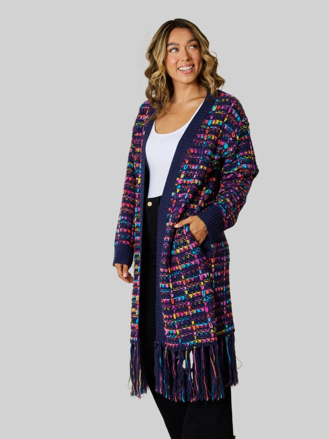 Women Angel Wings Fringe Hem Open Front Cardigan - Multicolor nicholesgifts