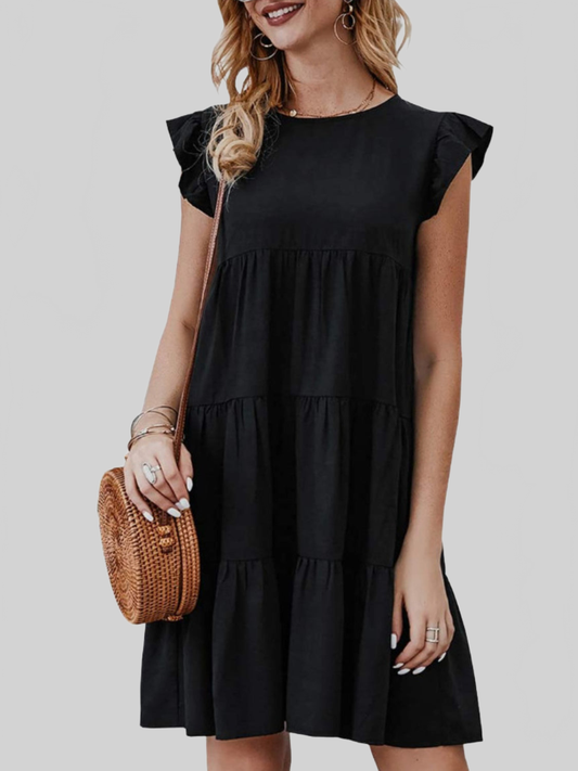 Ruffled Round Neck Cap Sleeve Mini Dress NicholesGifts