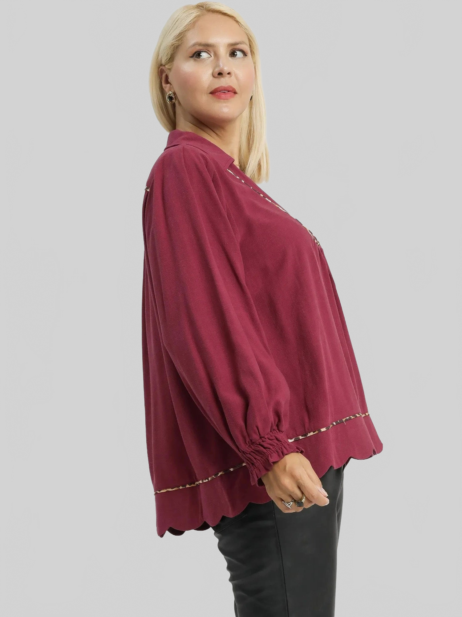Women Umgee Full Size Linen Scallop Hem Long Sleeve Blouse with Contrast Trim Plus Size NicholesGifts