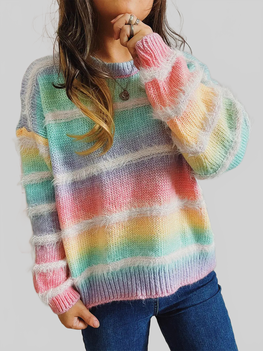 Women Striped Round Neck Long Sleeve Pullover Sweater nicholesgifts