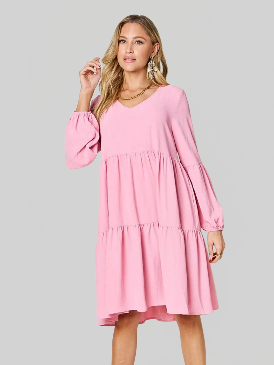 Double Take Full Size V-Neck Balloon Sleeve Tiered Dress with Pockets nicholesgifts