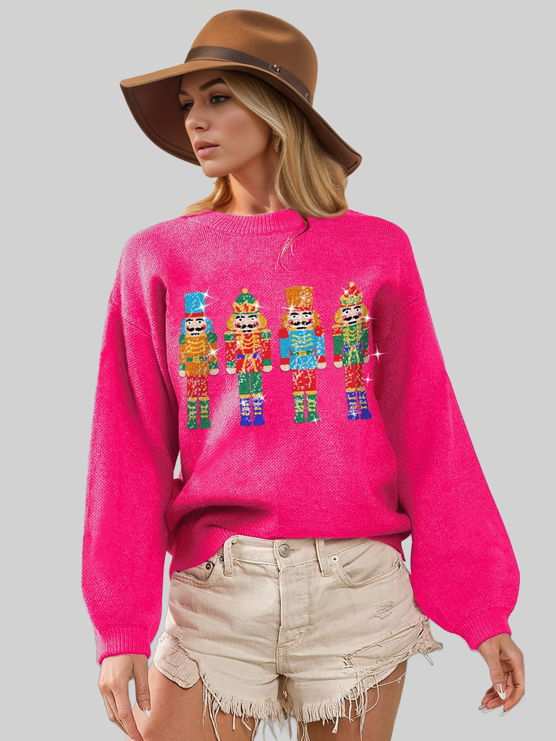 Women Double Take Full Size Sequin Nutcracker Long Sleeve Sweater nicholesgifts