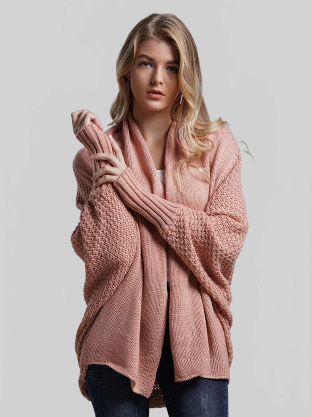 Dolman Sleeve Open Front Ribbed Trim Longline Cardigan nicholesgifts