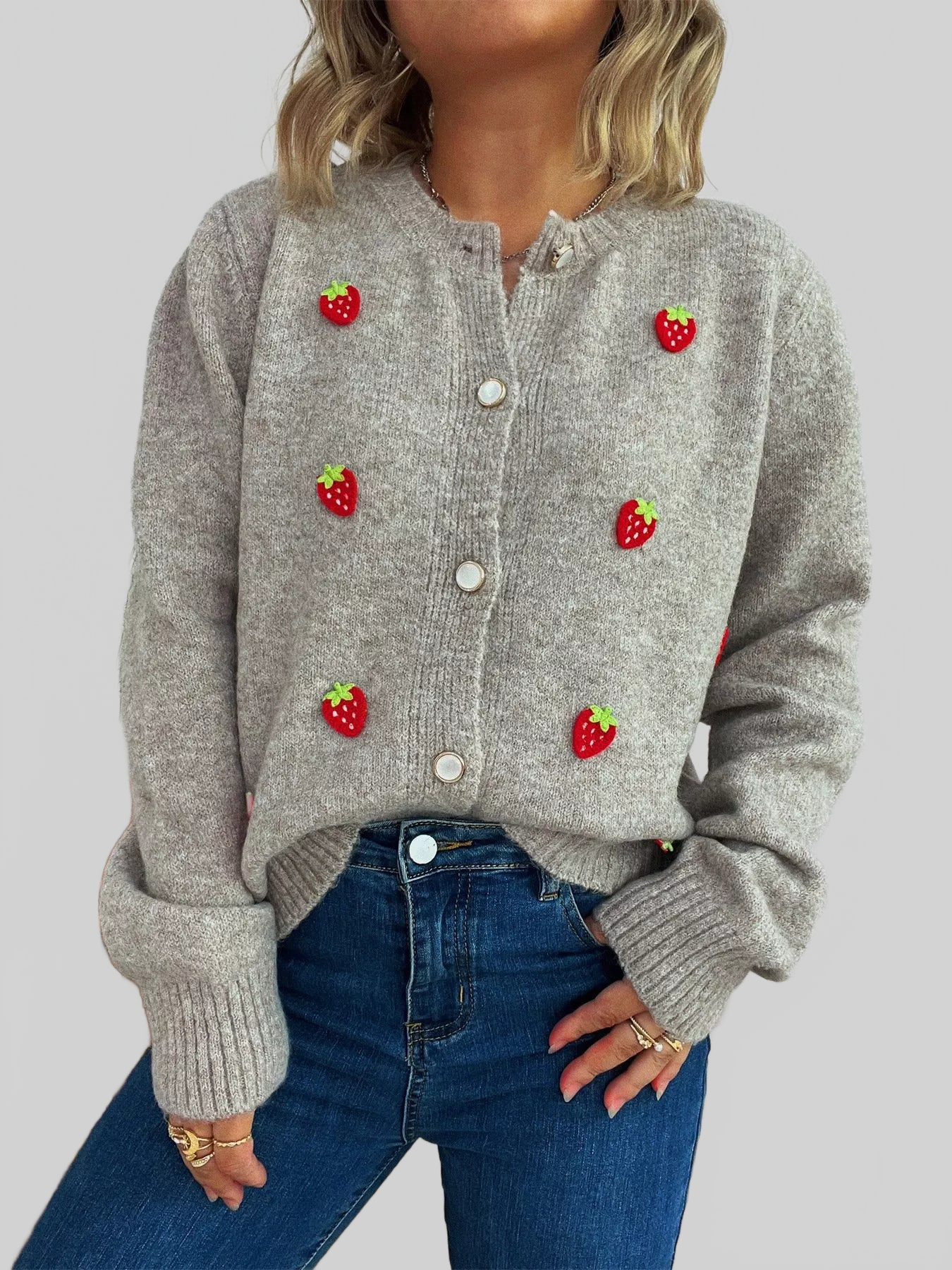 Strawberry Button Up Long Sleeve Cardigan nicholesgifts