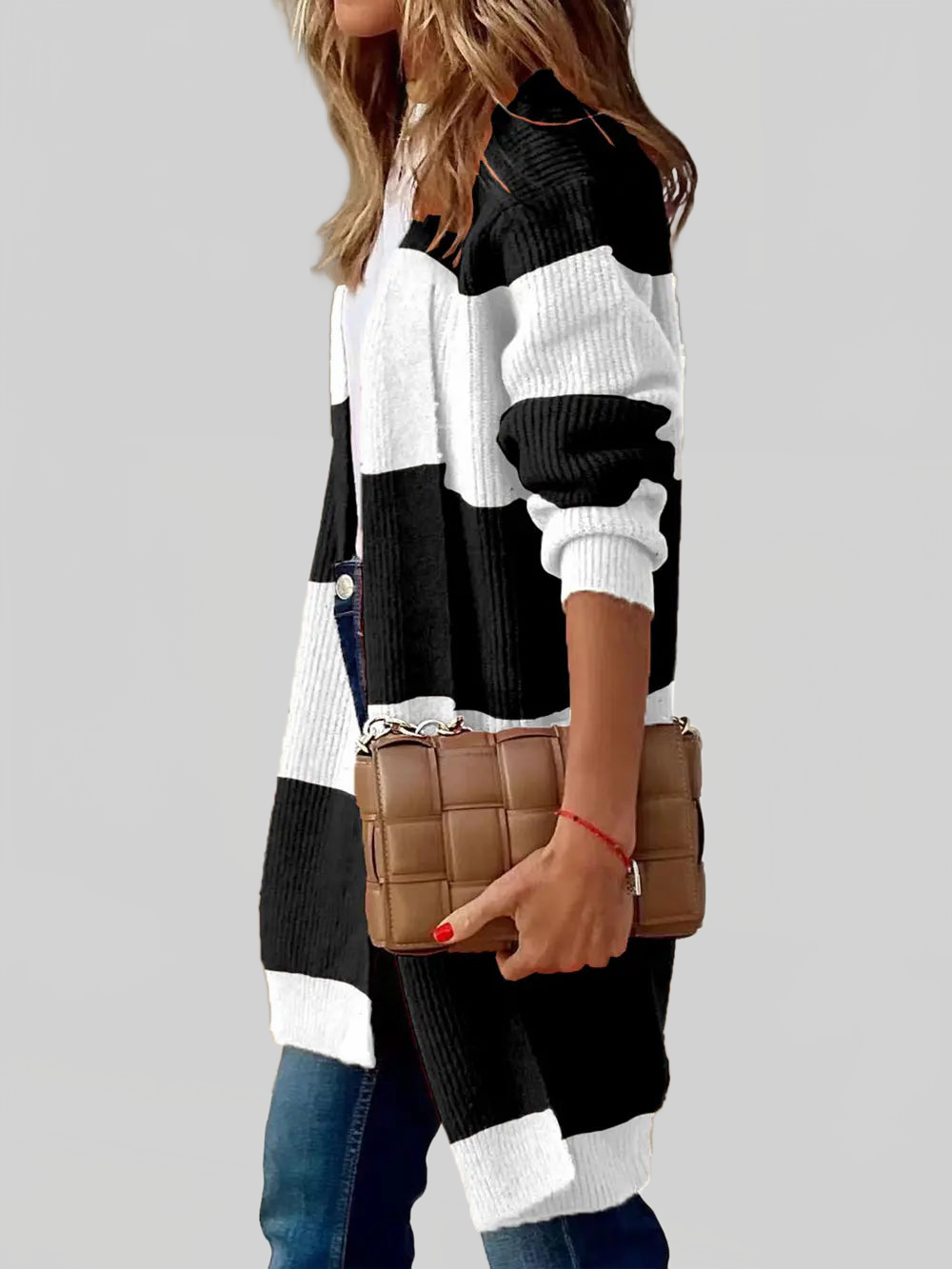 Women Contrast Open Front Long Sleeve Cardigan nicholesgifts