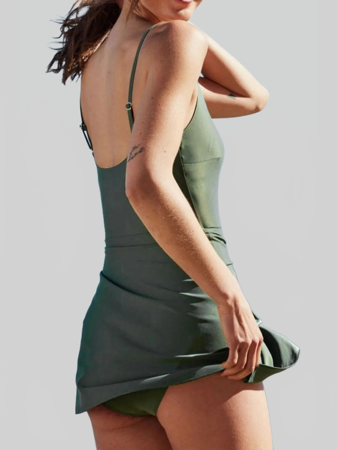 Women Side Tied Waist Square Neck Adjustable Straps A-line One Piece Swim Dress nicholesgifts