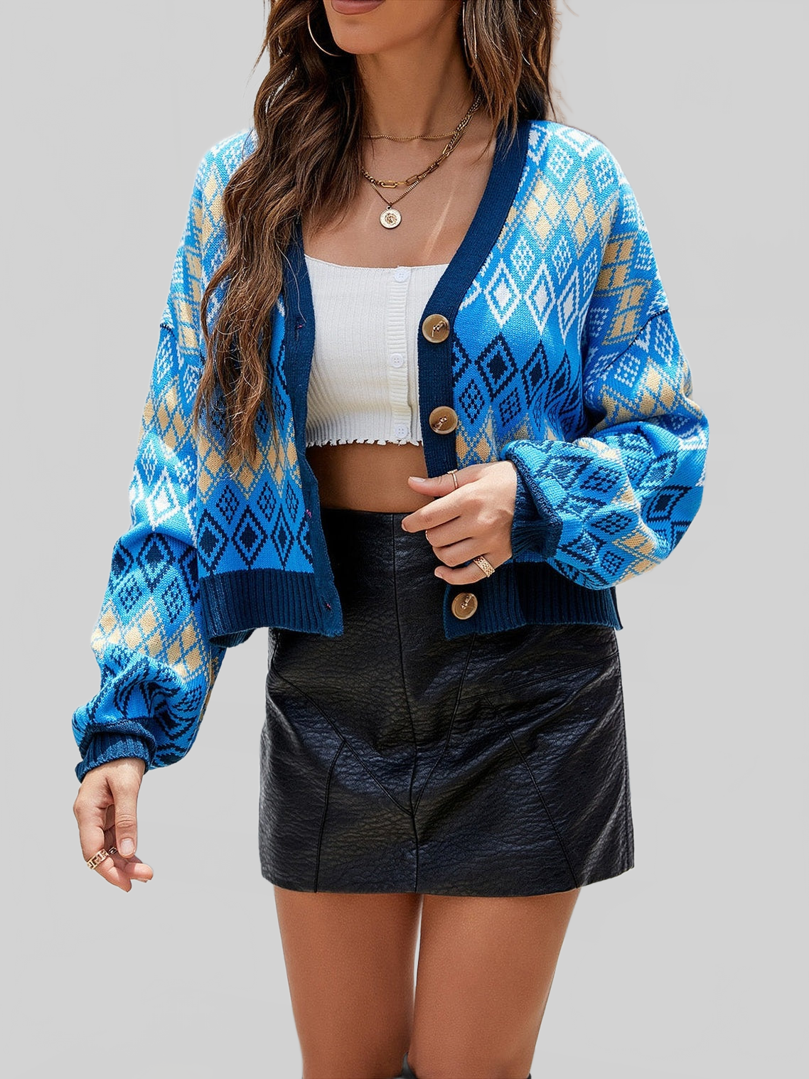 Women Geometric Button Up Dropped Shoulder Cardigan NicholesGifts
