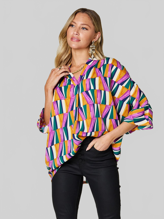 Women Double Take Full Size Geometric Notched Dolman Sleeve Top nicholesgifts