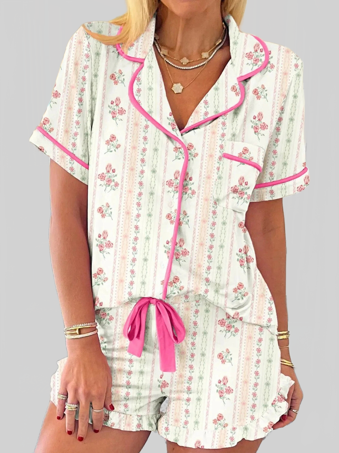 Printed Button Up Short Sleeve Top and Shorts Lounge Set nicholesgifts