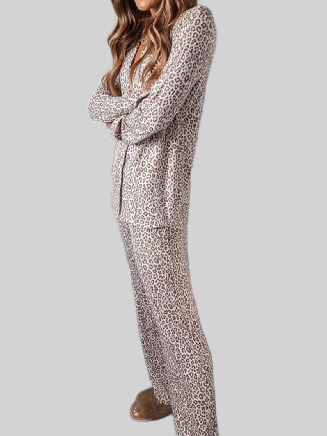 Leopard Button Down Long Sleeve Top and Pants Lounge Set nicholesgifts