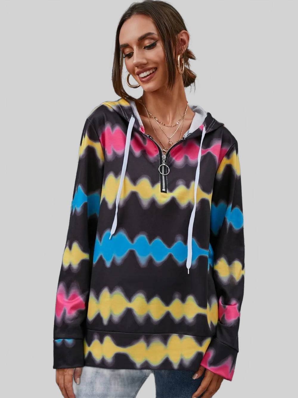 Contrast Quarter Zip Dropped Shoulder Hoodie NicholesGifts