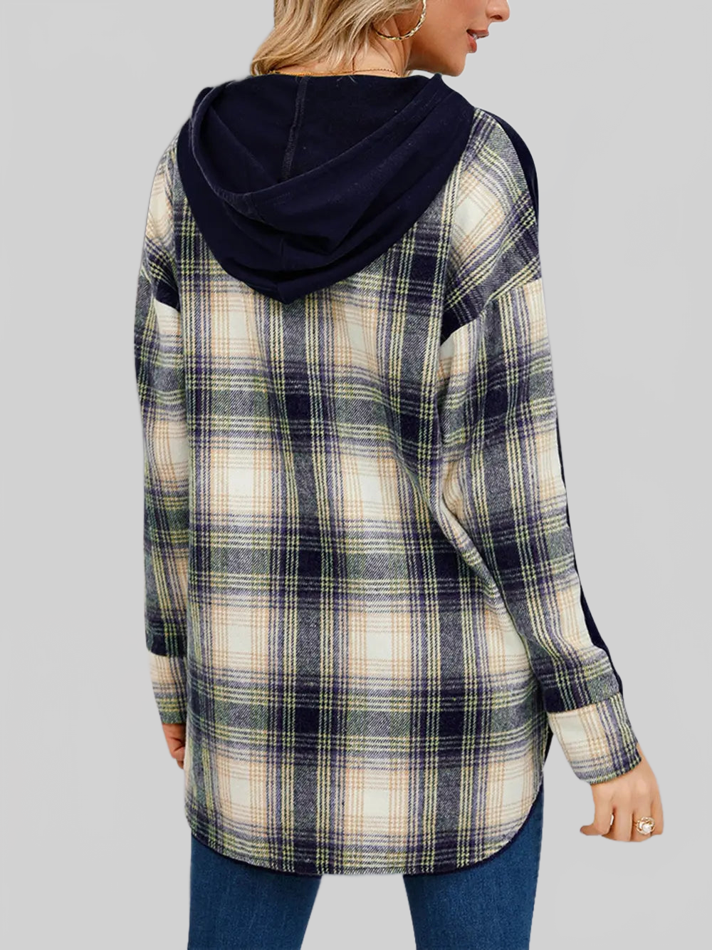 Plaid Drawstring Long Sleeve Slit Hoodie NicholesGifts
