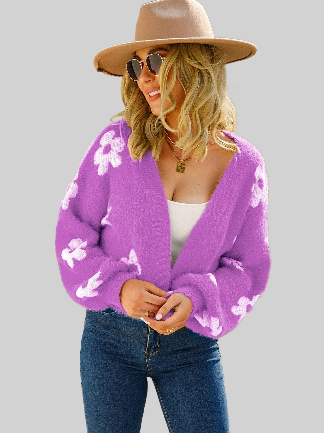 Angel Wings Floral Open Front Fuzzy Cardigan nicholesgifts