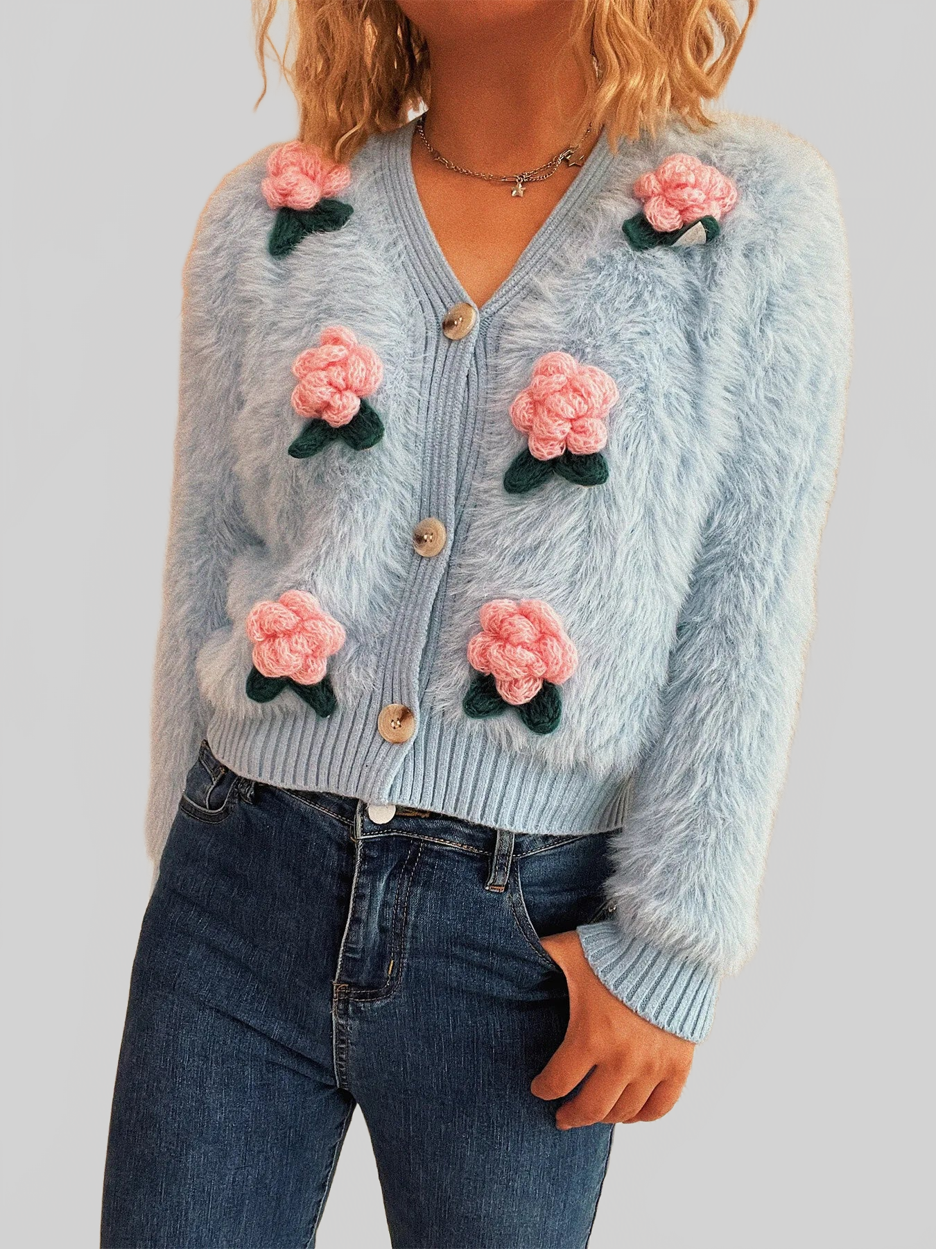 Women Flower Fuzzy Button-Up Cardigan nicholesgifts