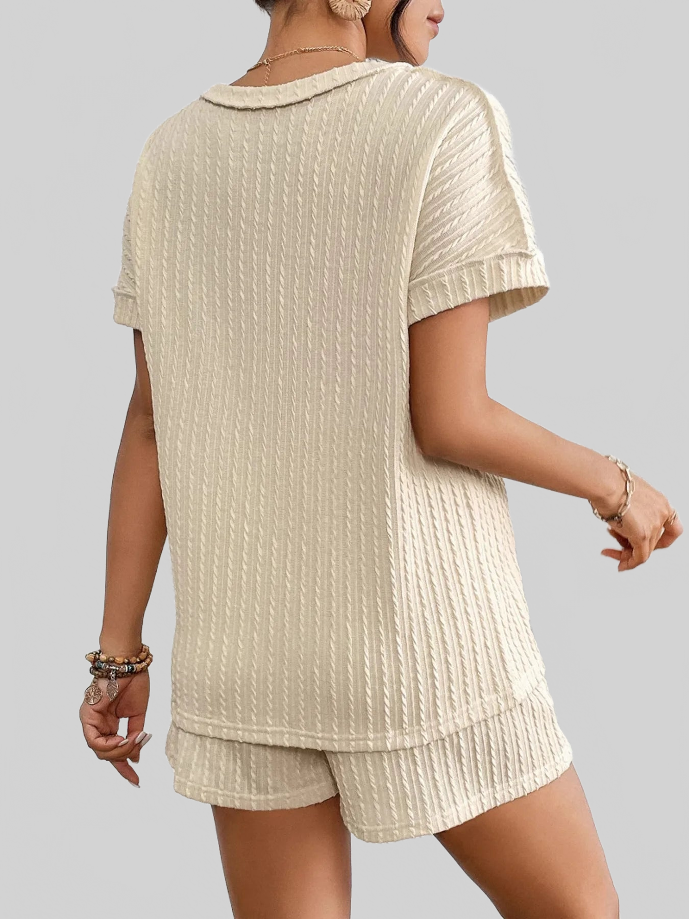 Texture Round Neck Top and Shorts Lounge Set nicholesgifts