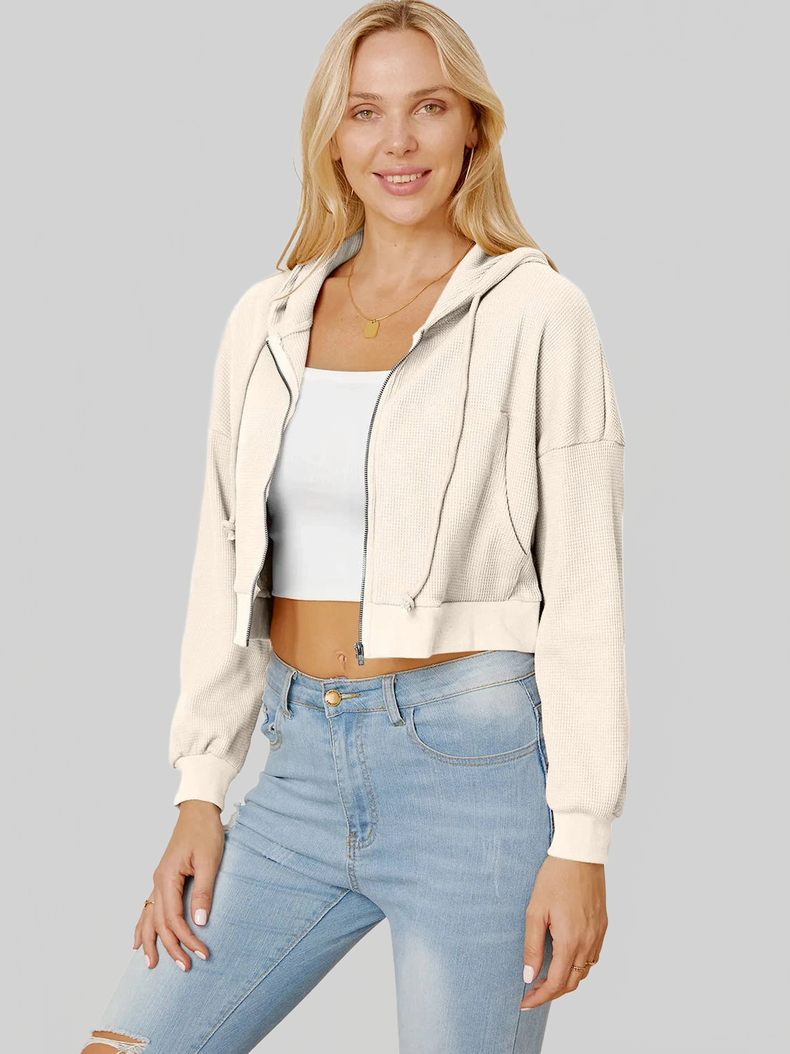 Waffle-Knit Drawstring Zip Up Hoodie NicholesGifts