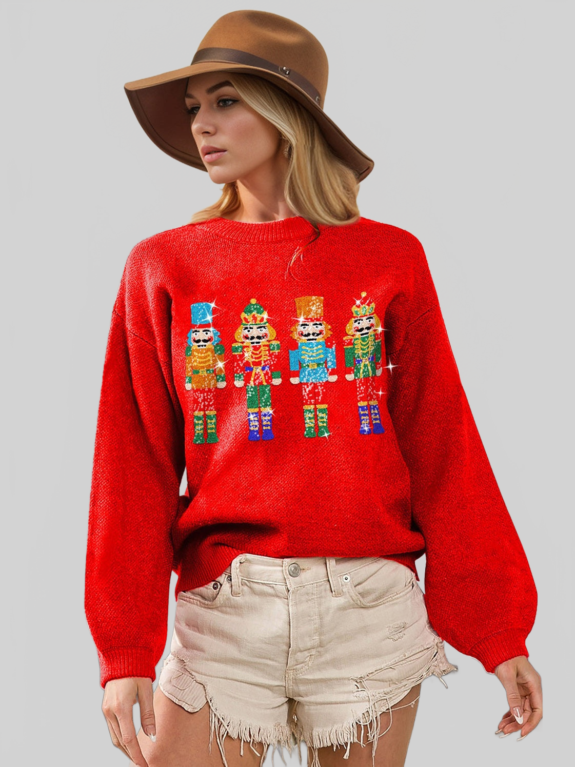 Women Double Take Full Size Sequin Nutcracker Long Sleeve Sweater nicholesgifts