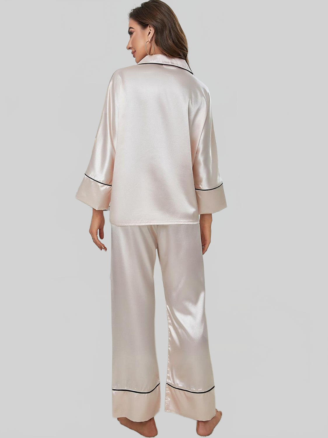 Contrast Piping Button-Up Top and Pants Pajama Set nicholesgifts