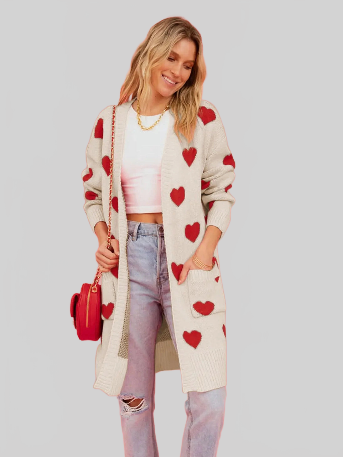 Women Heart Graphic Open Front Cardigan with Pockets nicholesgifts